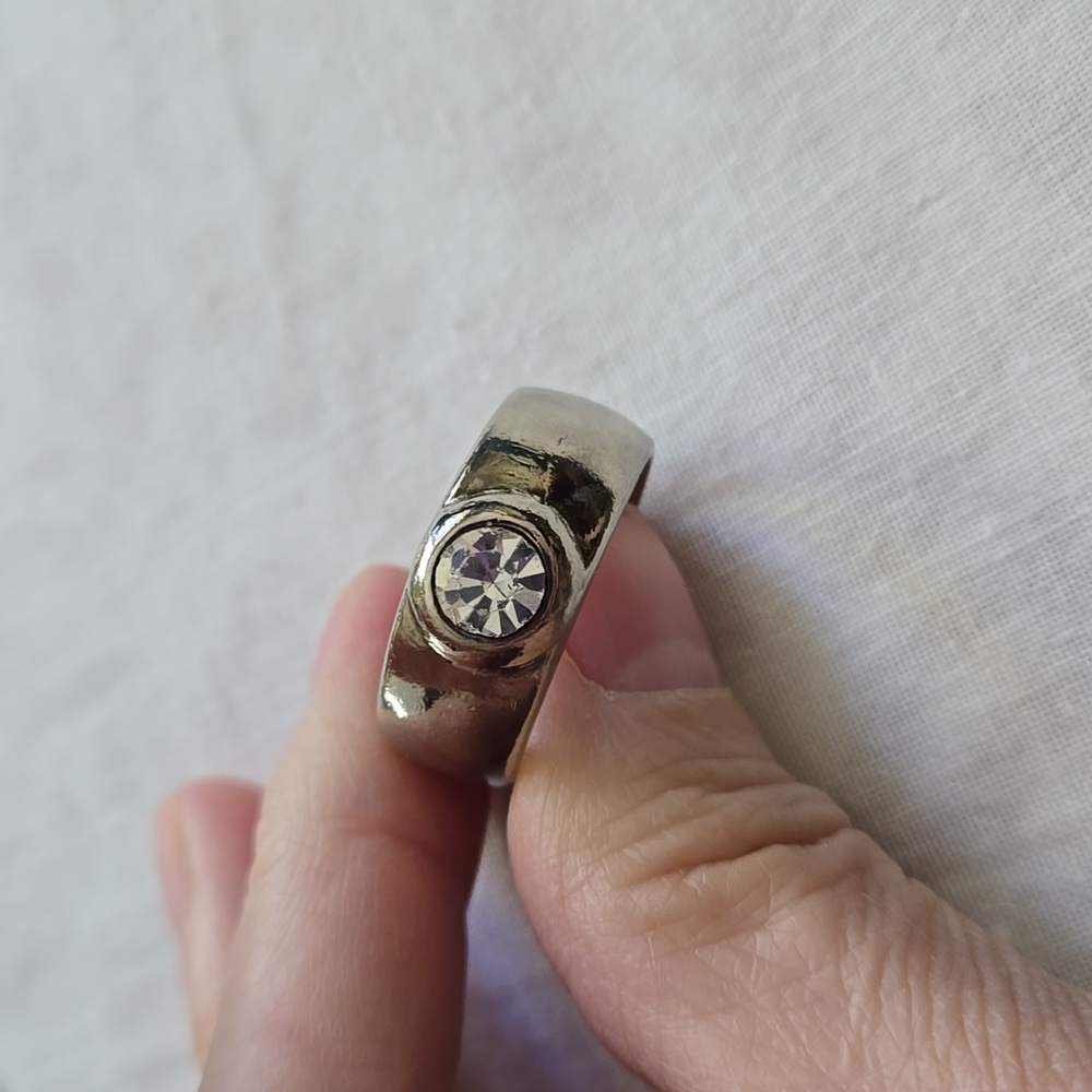 Silver Tone Wide Band  Stainless Steel CZ Center Stone Some Wear Size 11